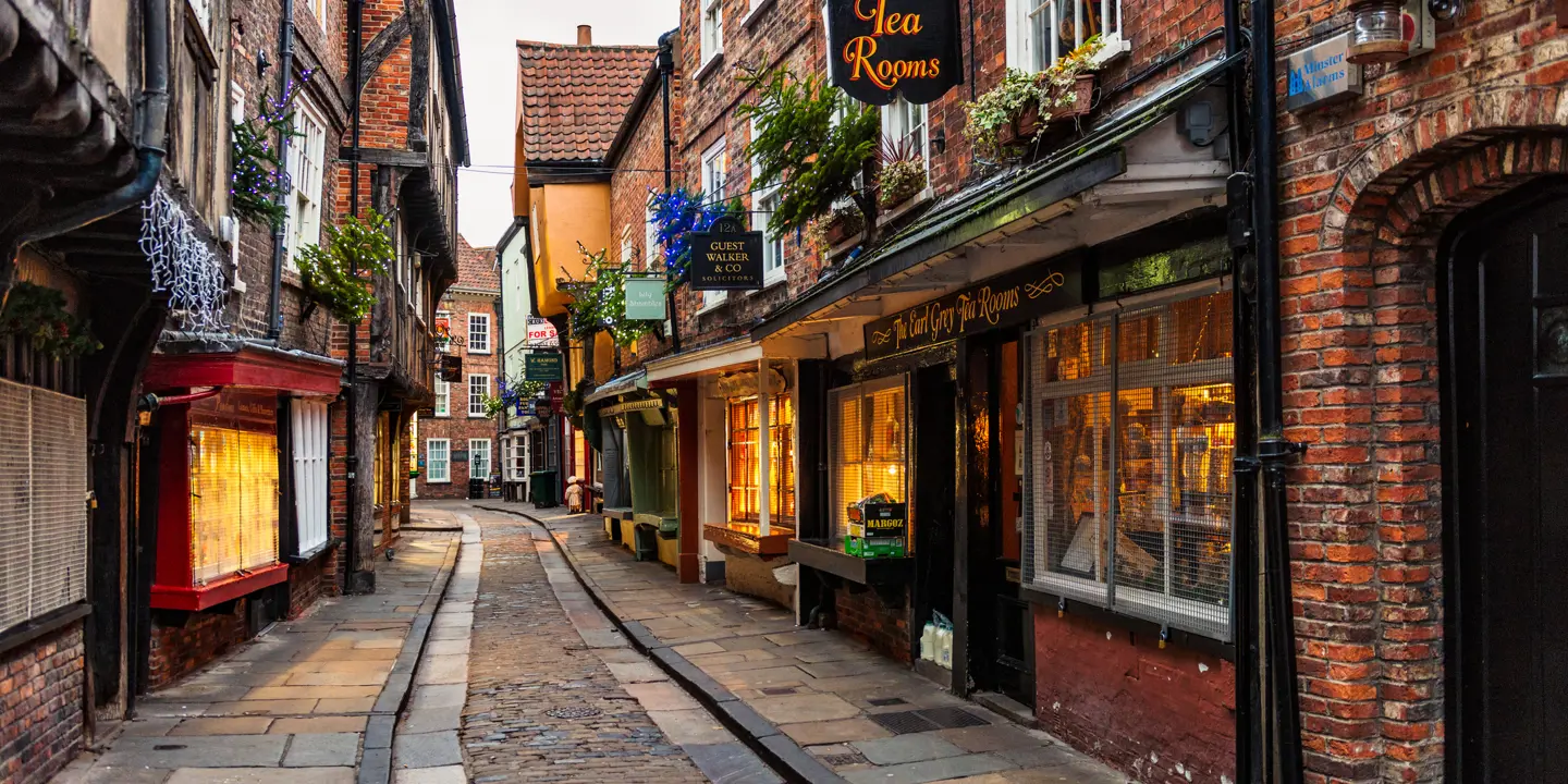 A charming street adorned with quaint shops, featuring a picturesque cobblestone pathway.
