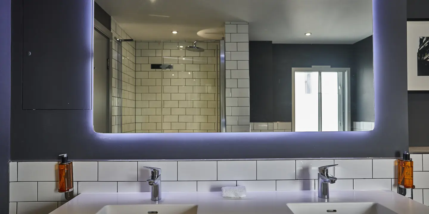 Bathroom featuring two sinks and a spacious mirror.