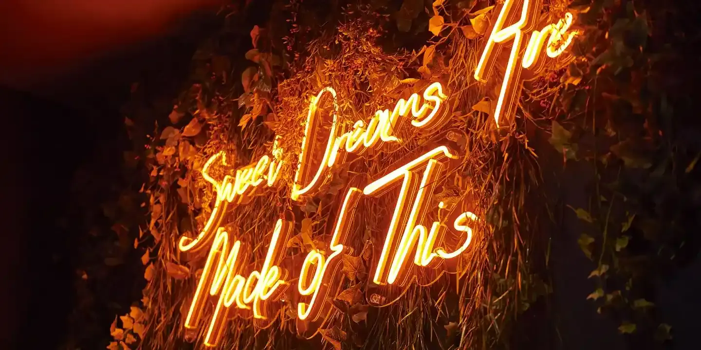 Neon sign displaying the Eurythmics lyrics "Sweet dreams are made of this".