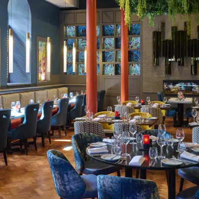 Colourful resturant interior at Malmaison Belfast