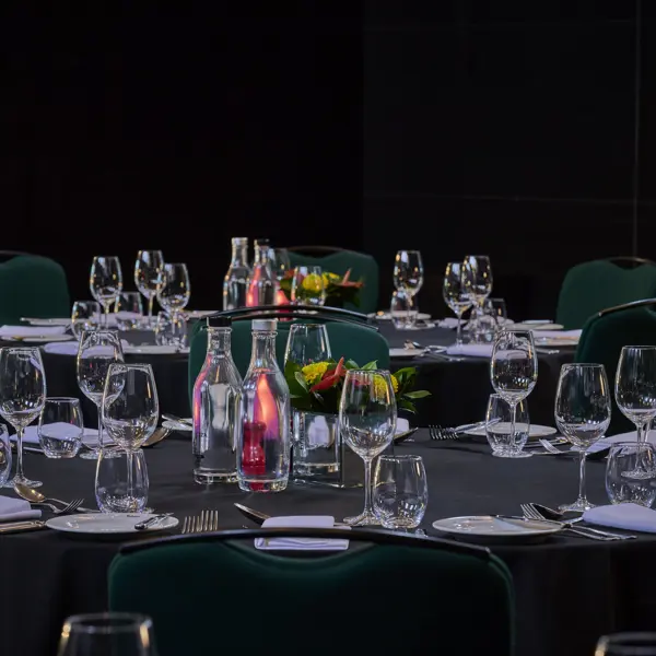 Champagne glasses arranged neatly on a table