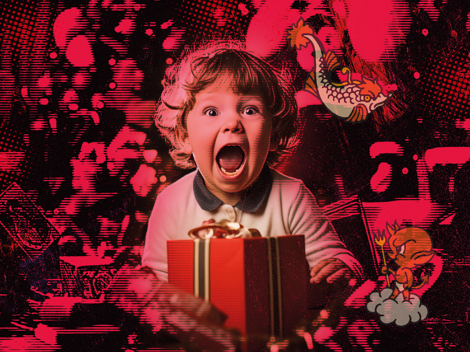 A man wearing a yellow shirt dragging along a large red round sack. 