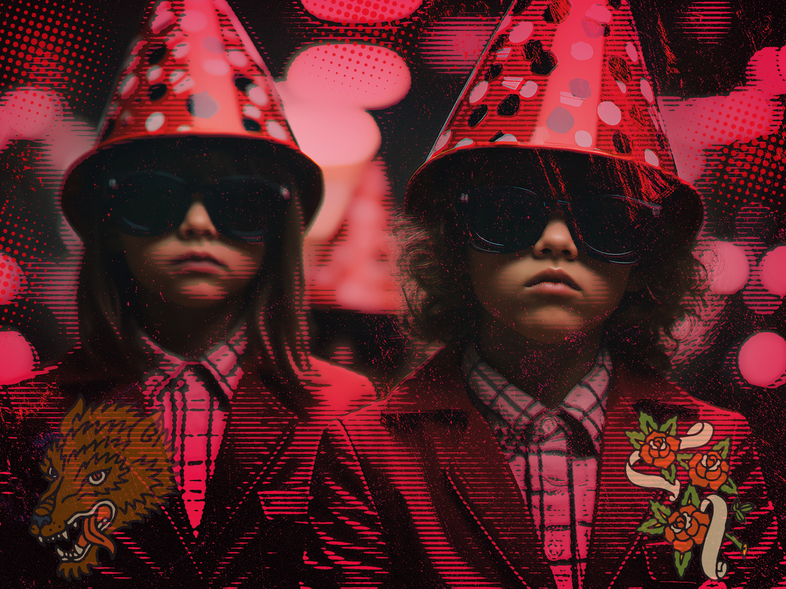 Man dressed as Santa Claus wearing a red gown, dancing in front of snowflakes.