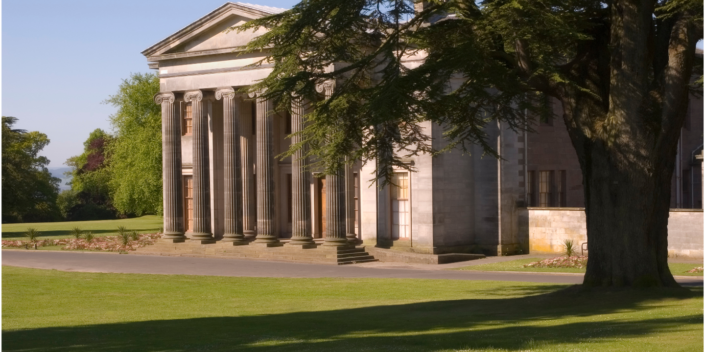An architectural structure featuring majestic columns, complemented by a picturesque tree in the foreground.