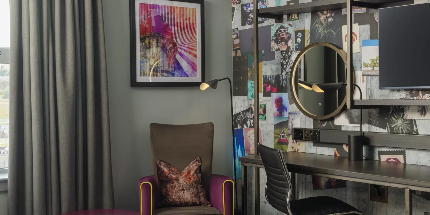 Desk, chair and stylish armchair