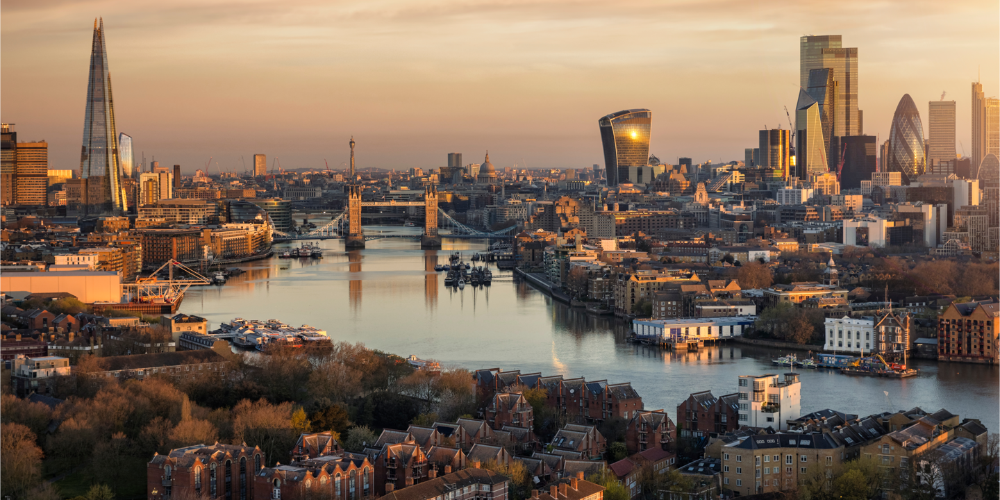 City of London skyline at sunset.