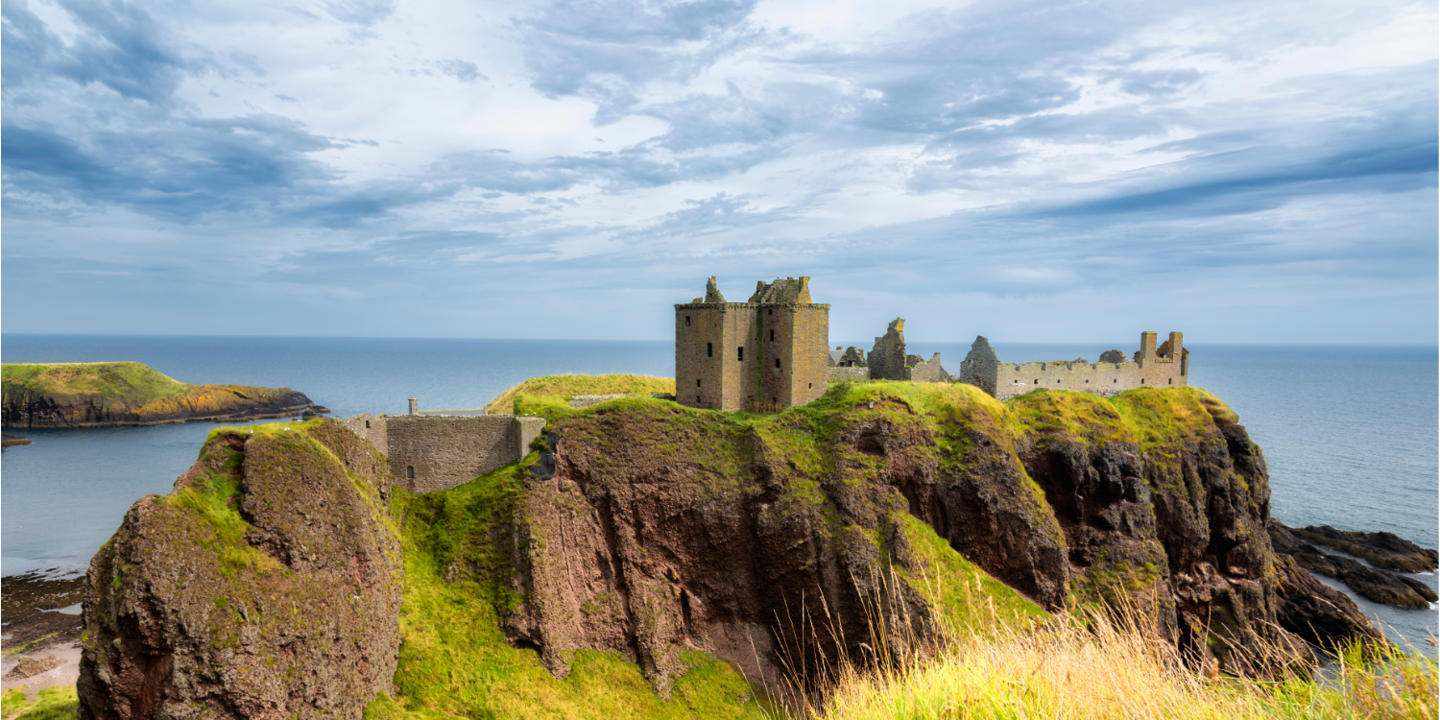 The ruins of Dunnottar Castle atop a grassy crag extending into the sea. Long green grass with white wild flowers are featured in the foreground.