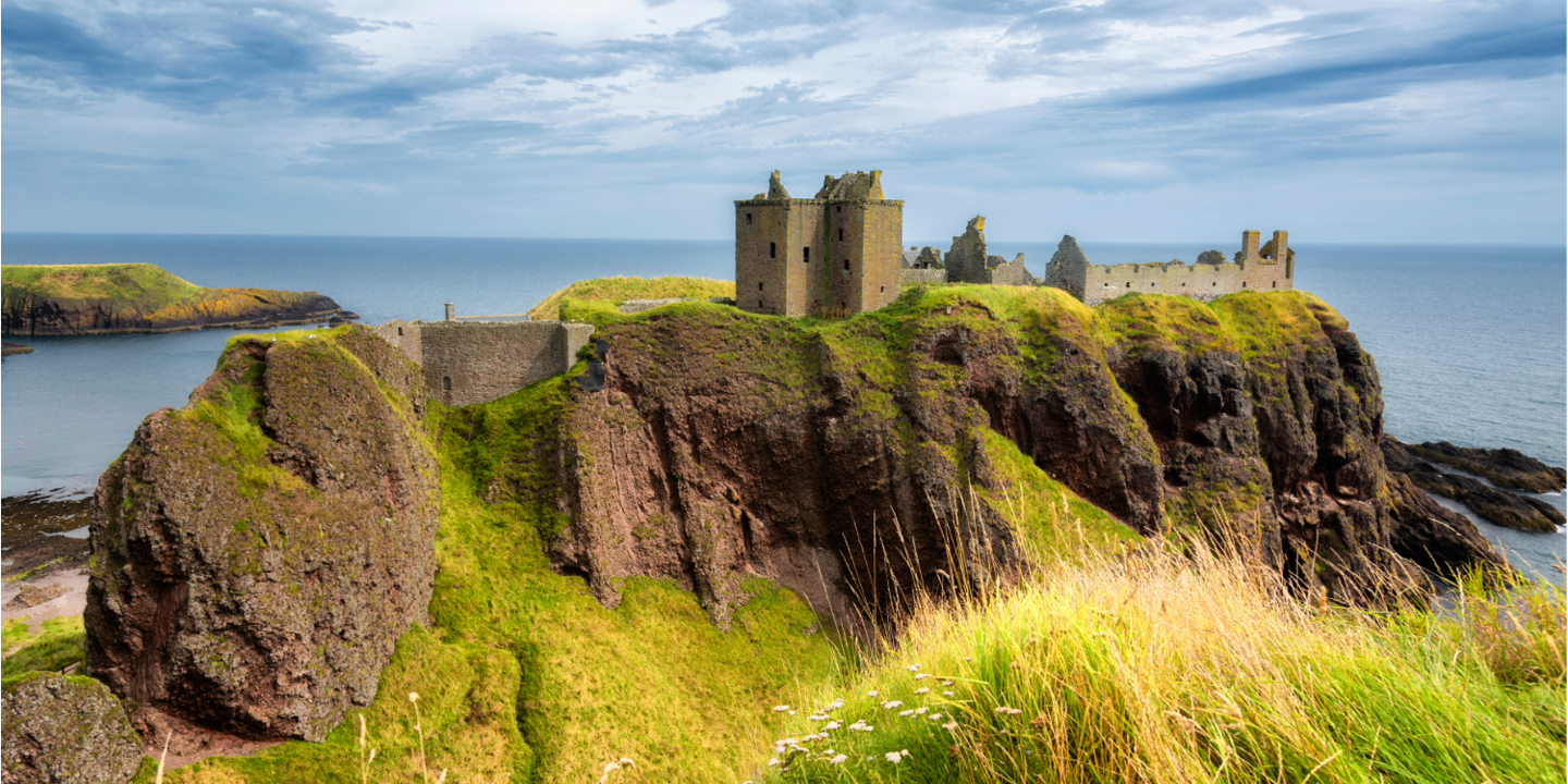 The ruins of Dunnottar Castle atop a grassy crag extending into the sea. Long green grass with white wild flowers are featured in the foreground.