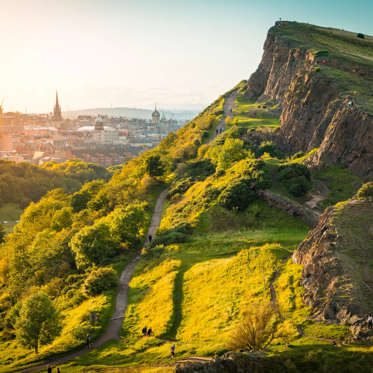 Panoramic view of Edinburgh cityscape from a hilltop.