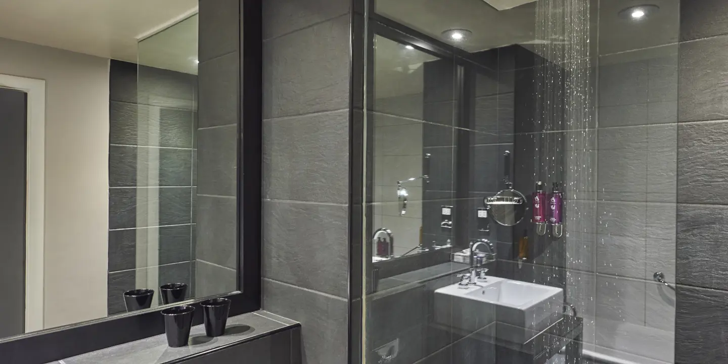 A bathroom featuring a rainfall shower and a sleek shower door.