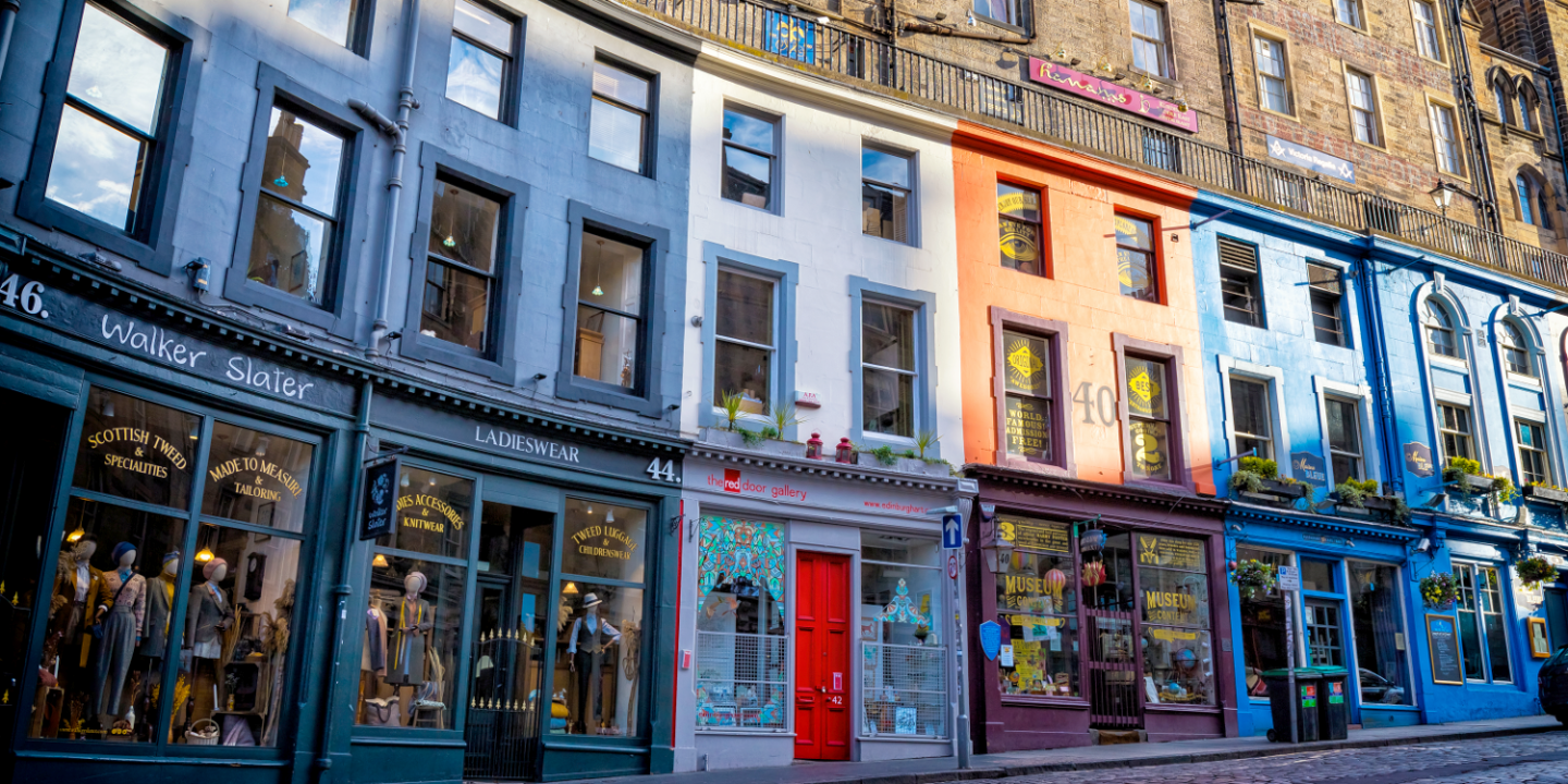 Shops lining a picturesque cobblestone street.