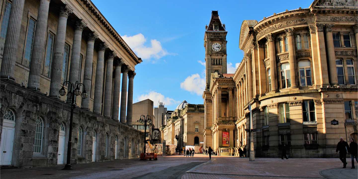 A clock tower in the quiet city centre of Birmingham.