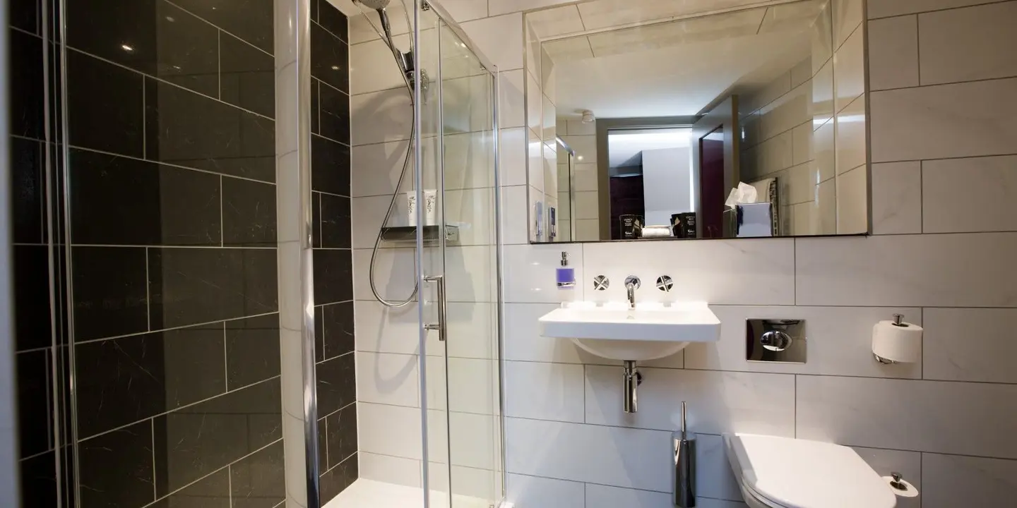 Black and white tiled bathroom featuring shower, toilet, sink and mirror.