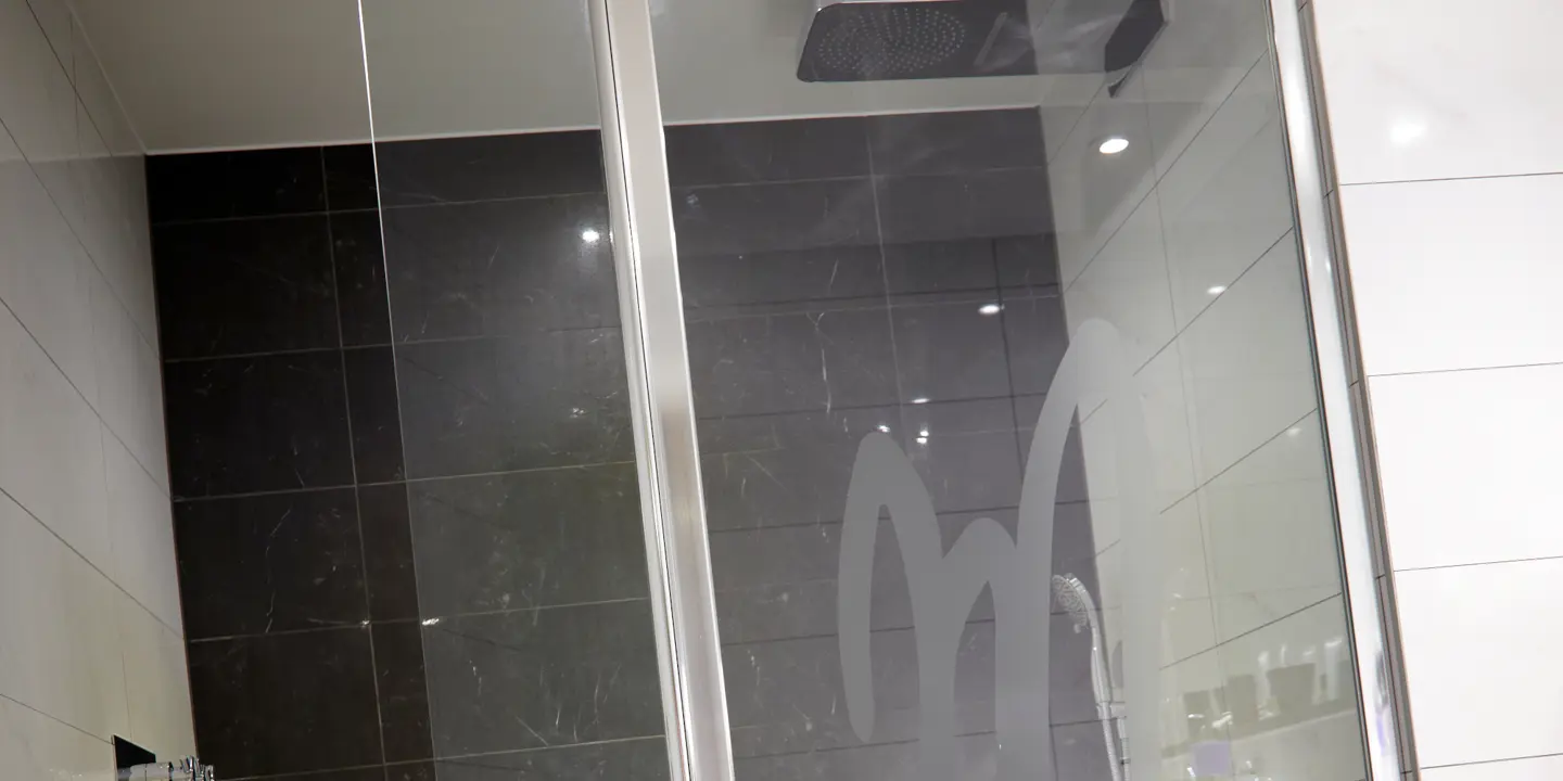 Bathroom featuring a sleek glass shower door.